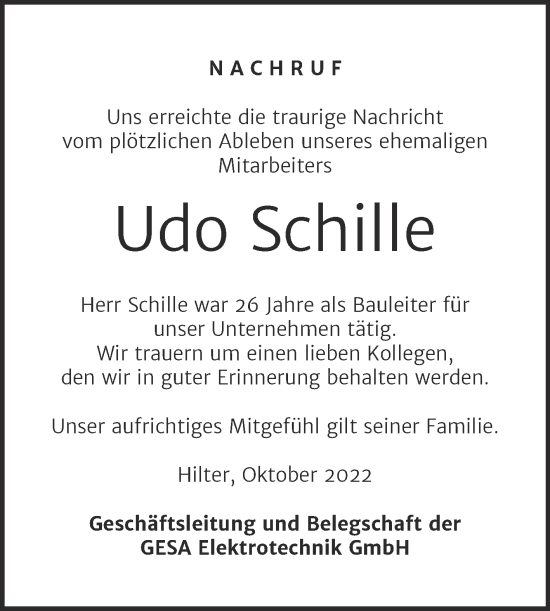 Traueranzeige von Udo Schille von Mitteldeutsche Zeitung Bitterfeld