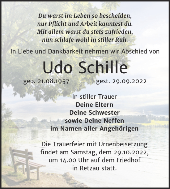 Traueranzeige von Udo Schille von Trauerkombi Bitterfeld