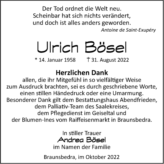 Traueranzeige von Ulrich Bösel von Trauerkombi Merseburg
