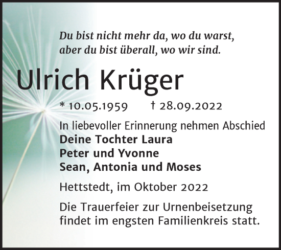 Traueranzeige von Ulrich Krüger von Trauerkombi Mansfelder Land