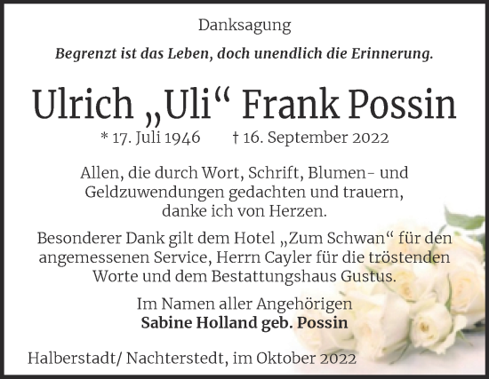 Traueranzeige von Ulrich Frank Possin von Trauerkombi Aschersleben