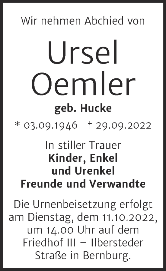 Traueranzeige von Ursel Oemler von Trauerkombi Bernburg