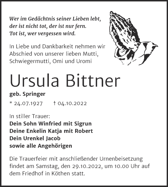 Traueranzeige von Ursula Bittner von Trauerkombi Köthen