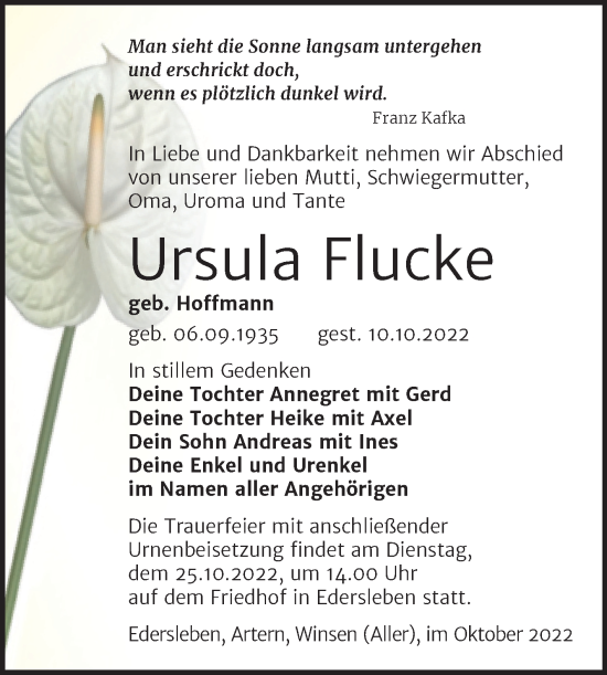 Traueranzeige von Ursula Flucke von Trauerkombi Sangerhausen