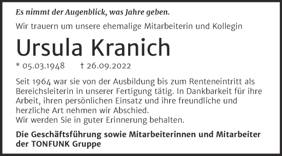 Traueranzeige von Ursula Kranich von Super Sonntag Aschersleben
