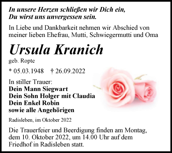 Traueranzeige von Ursula Kranich von Trauerkombi Aschersleben