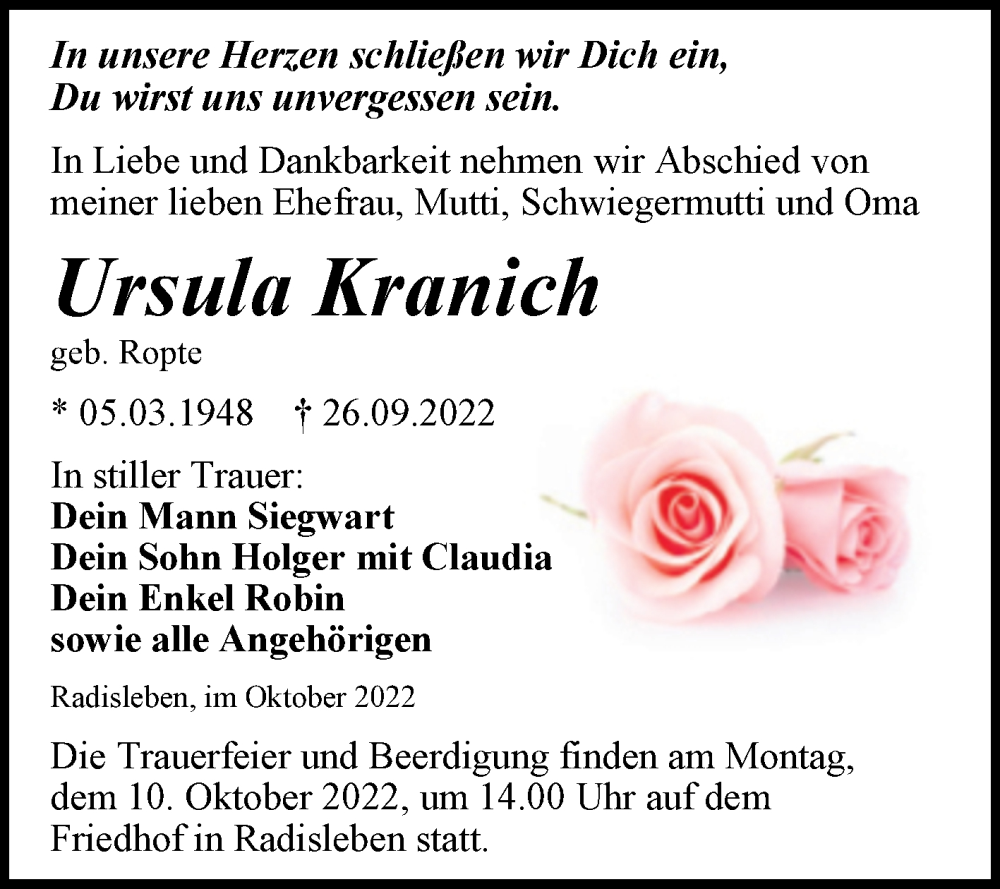  Traueranzeige für Ursula Kranich vom 01.10.2022 aus Trauerkombi Aschersleben