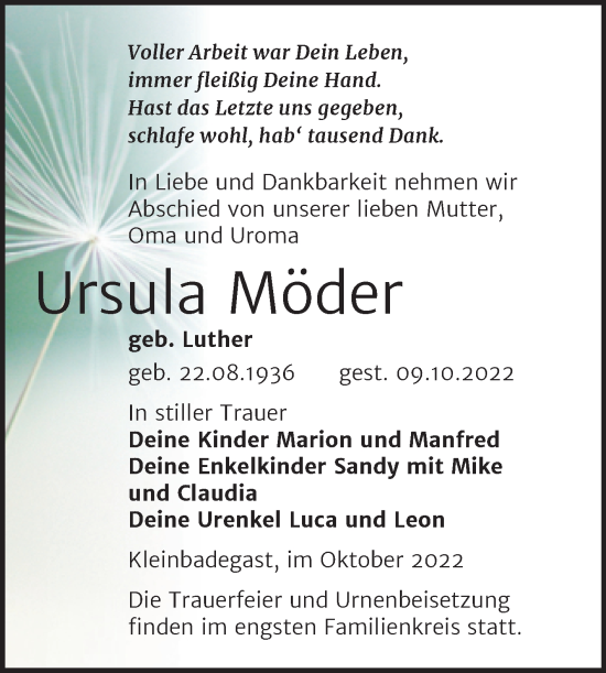 Traueranzeige von Ursula Möder von Trauerkombi Köthen