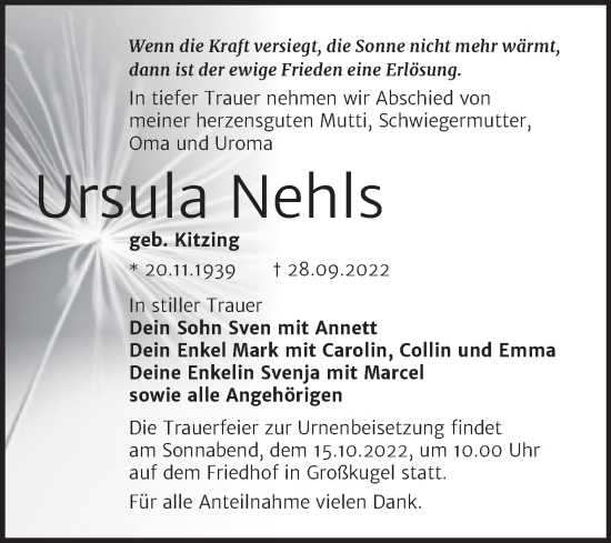 Traueranzeige von Ursula Nehls von Trauerkombi Merseburg