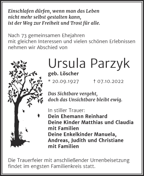 Traueranzeige von Ursula Parzyk von Trauerkombi Wittenberg
