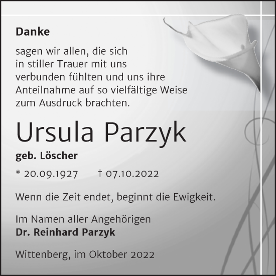 Traueranzeige von Ursula Parzyk von Trauerkombi Wittenberg