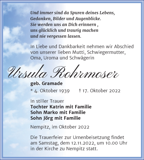 Traueranzeige von Ursula Rohrmoser von Trauerkombi Merseburg