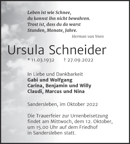 Traueranzeige von Ursula Schneider von Mitteldeutsche Zeitung Mansfelder Land