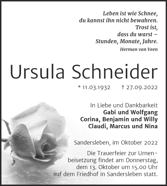 Traueranzeige von Ursula Schneider von Trauerkombi Mansfelder Land