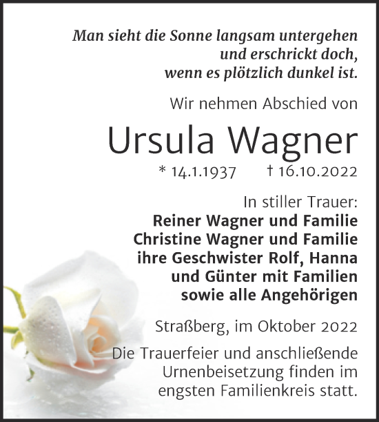 Traueranzeige von Ursula Wagner von Trauerkombi Quedlinburg