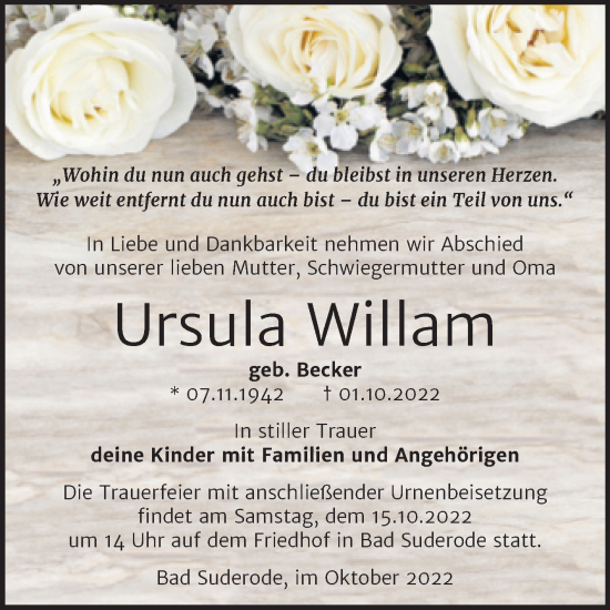 Traueranzeige von Ursula Willam von Trauerkombi Quedlinburg