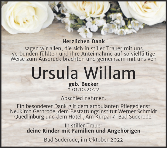 Traueranzeige von Ursula Willam von Trauerkombi Quedlinburg