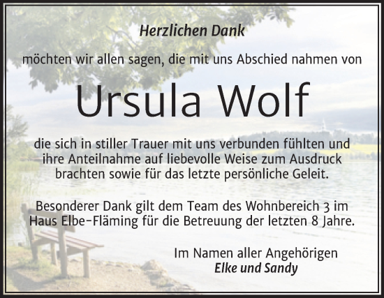 Traueranzeige von Ursula Wof von Trauerkombi Dessau