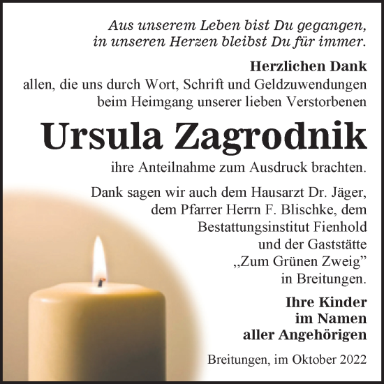 Traueranzeige von Ursula Zagrodnik von Trauerkombi Sangerhausen
