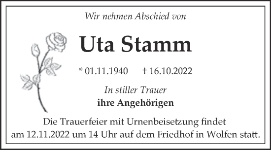 Traueranzeige von Uta Stamm von Trauerkombi Bitterfeld