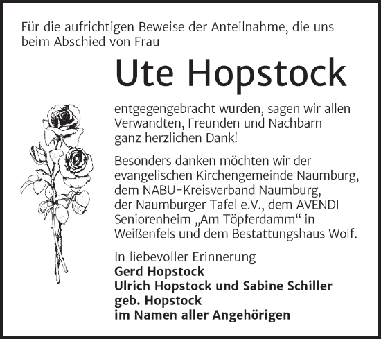 Traueranzeige von Ute Hopstock von Naumburger Tageblatt