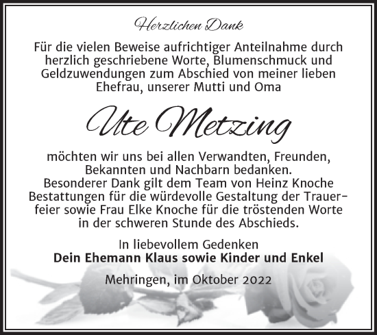 Traueranzeige von Ute Metzing von Trauerkombi Aschersleben