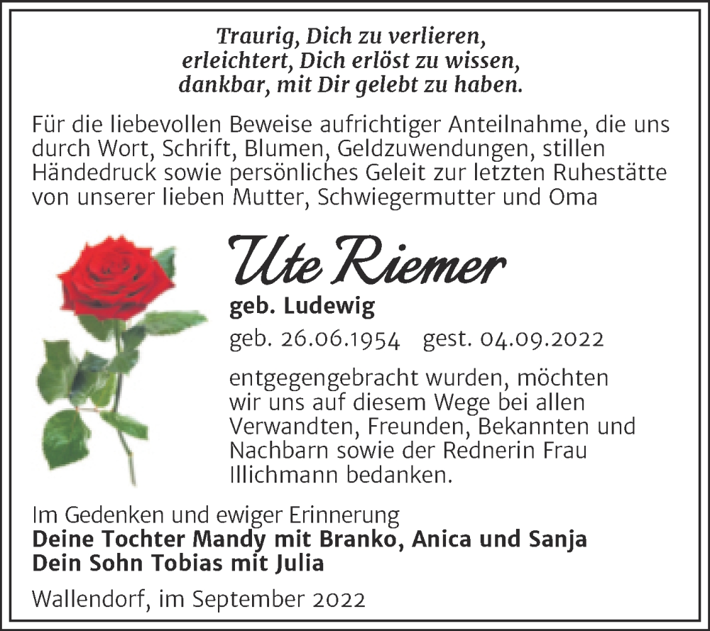  Traueranzeige für Ute Riemer vom 08.10.2022 aus Trauerkombi Merseburg