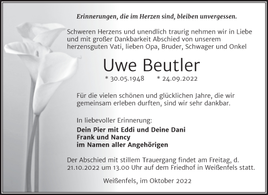 Traueranzeige von Uwe Beutler von Trauerkombi Weißenfels