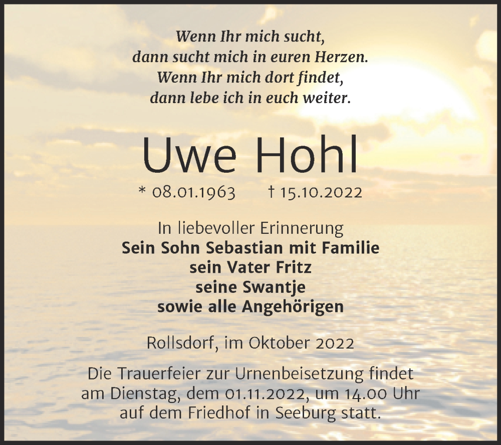  Traueranzeige für Uwe Hohl vom 21.10.2022 aus Trauerkombi Mansfelder Land
