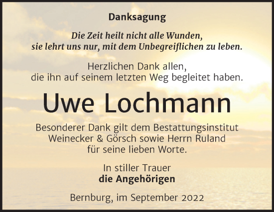 Traueranzeige von Uwe Lochmann von Trauerkombi Bernburg