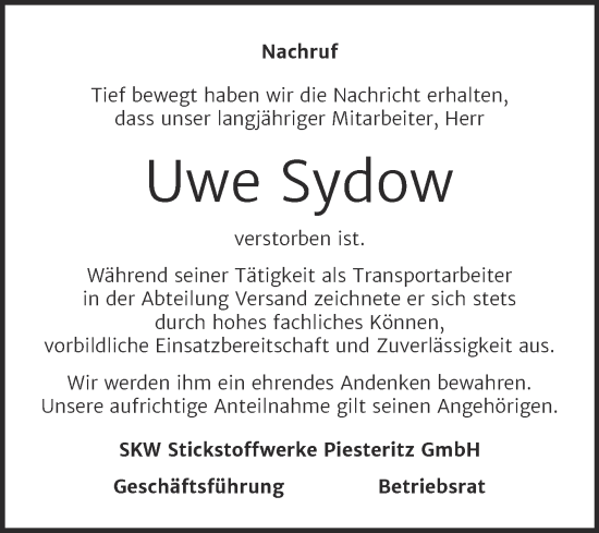 Traueranzeige von Uwe Sydow von Super Sonntag Wittenberg