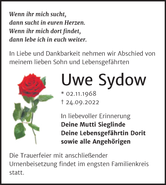 Traueranzeige von Uwe Sydow von Trauerkombi Wittenberg