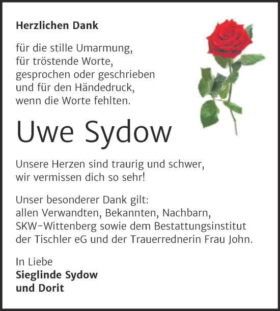 Traueranzeige von Uwe Sydow von Trauerkombi Wittenberg