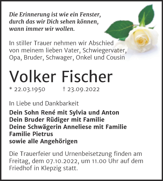 Traueranzeige von Volker Fischer von Trauerkombi Köthen