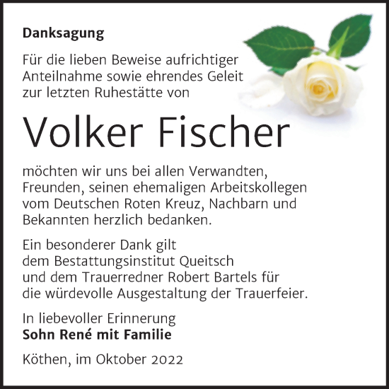 Traueranzeige von Volker Fischer von Trauerkombi Köthen