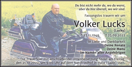 Traueranzeige von Volker Lucks von Mitteldeutsche Zeitung Halle/Saalkreis
