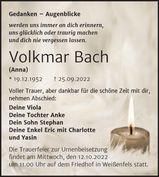 Traueranzeige von Volkmar Bach von Trauerkombi Weißenfels