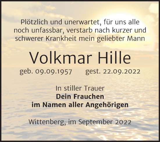 Traueranzeige von Volkmar Hille von Trauerkombi Wittenberg