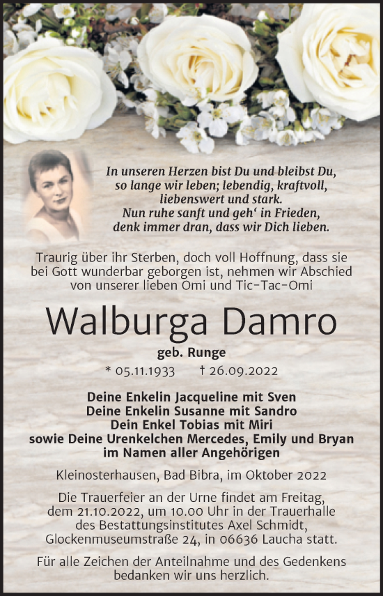 Traueranzeige von Walburga Damro von Wochenspiegel Naumburg/Nebra