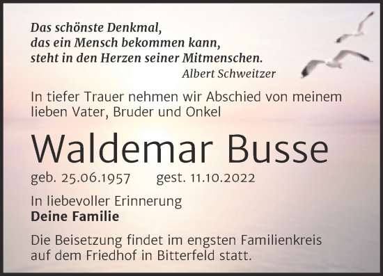 Traueranzeige von Waldemar Busse von Trauerkombi Bitterfeld