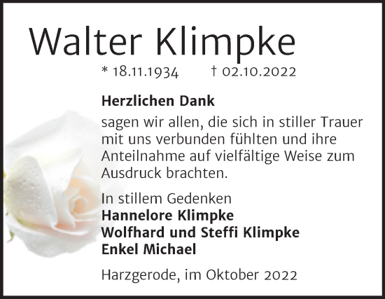 Traueranzeige von Walter Klimpke von Trauerkombi Quedlinburg