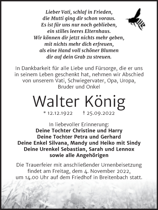 Traueranzeige von Walter König von Trauerkombi Sangerhausen