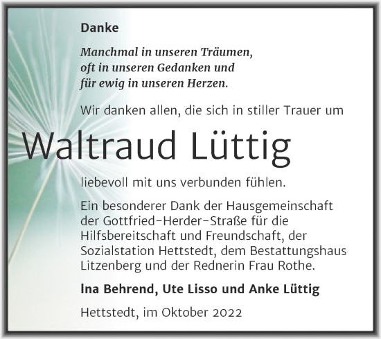 Traueranzeige von Waltraud Lüttig von Trauerkombi Mansfelder Land