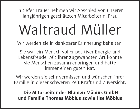 Traueranzeige von Waltraud Müller von Super Sonntag Wittenberg