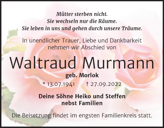 Traueranzeige von Waltraud Murmann von Trauerkombi Weißenfels