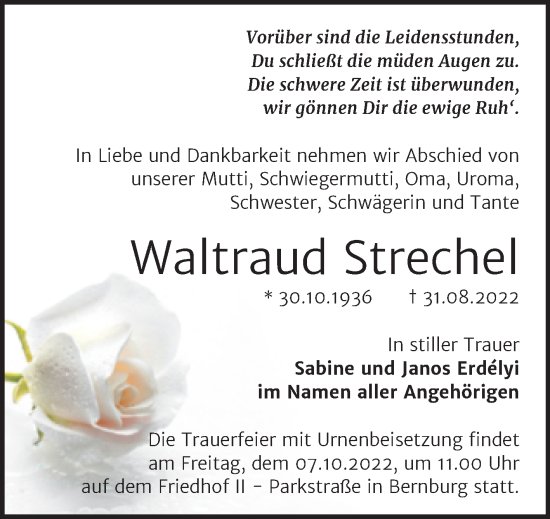 Traueranzeige von Waltraud Strechel von Trauerkombi Bernburg