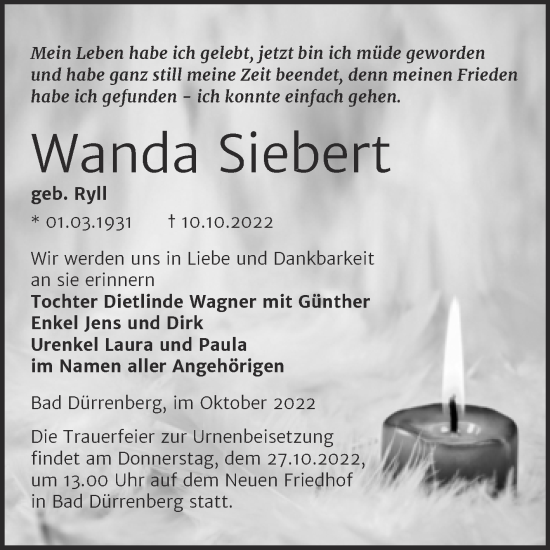 Traueranzeige von Wanda Siebert von Trauerkombi Merseburg