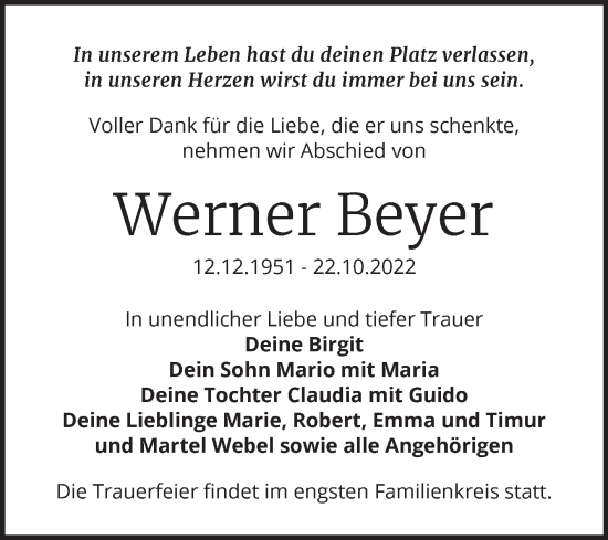Traueranzeige von Werner Beyer von Trauerkombi Bernburg