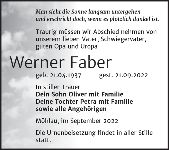 Traueranzeige von Werner Faber von Trauerkombi Wittenberg