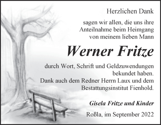 Traueranzeige von Werner Fritze von Mitteldeutsche Zeitung Sangerhausen